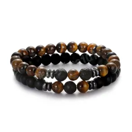 Classic Weathered Stone Bracelet Set Trendy Tiger Eye Stone Couples Bracelets Accessories for Men Women Elastic Rope Jewelry