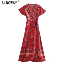 Vintage chic vestido bloemenprint vleermuis mouw strand lange bohemien maxi zomerjurk dames sexy v-hals zomer boho jurk 220402