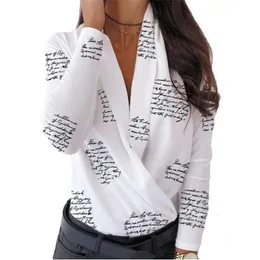 女性のブラウスシャツファッションクロススプリングシャツの手紙パイナップルプリントVネックの女性レディーストップス女性長袖ブルスのフェミニナスLo