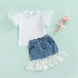 Summer new girls fashion white lace sleeve top Denim Skirt Set Girls' suit