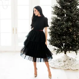 치마는 검은 주름 테이어 계층화 된 미디 튤에 크리스마스 파티 무릎 길이 여성 메쉬 스커트 탄성 맥시 스커트 스커트