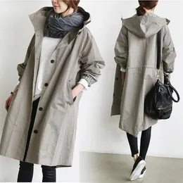 Fashion Trench Coat Female Autumn Casual Long Sleeve Hooded Medium Overcoat Loose Windbreaker Spring Plus Size 220812