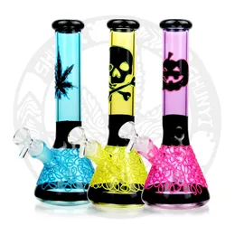 10 Inches Glass Bong Dab Rig Smoke Water Pipe Hookah Oil Rigs Hand Drawn Skull Cool Bongs Beaker Smoking Pipes Tobacco Factory Mixed Color Glow in The Dark