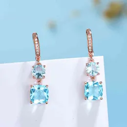 Kuololit 585 Rose Gold Hoop Earrings Women Solid 925 Sterling Silver Blue Aquamarine Gemstone Luxury Jewerly for Engagement