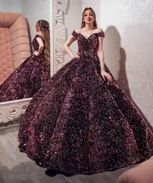 Quinceanera Ballkleid Abendkleider 2022 Sexy Traube Pailletten Schulterfrei Geraffter Rock Formale Abendkleider Pailletten Robe Soiree de Mariage s