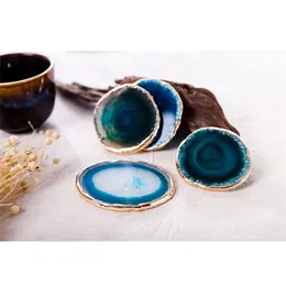 Agate slice blue agate coaster teacup tray decorative design stone coaster gold/silver edges home decor gemstone coaster on sale T200524