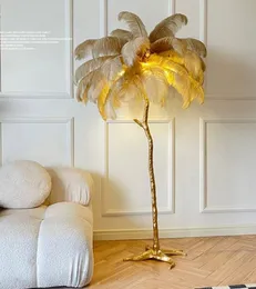 Nordic Resin Copper Ostrich Feather Floor Lamp Living Room Home Decor Led Sofa Side Corner Standing Light Bedroom Bedside Lamp