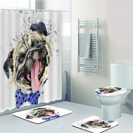 Rolig skrattande mopshund badgardin dusch för rum söt akvarell valp hundar djur husdjur matta toalett heminredning 220429