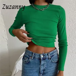 Zuzanny o Neck långärmad gröda topp mode damer kläder solid grundläggande t shirt ribber casual skinn vit smal kvinna toppar 220728