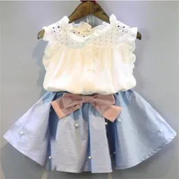 Summer Kids Clothes Sets for Girls Lace Sleeveless Top And Bow Skirt 2pcs Suit Cute Children's Clothing Toddler Baby Set
