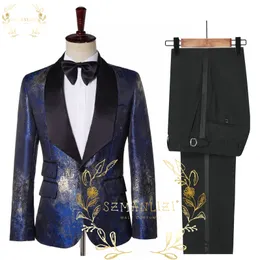 SZMANLIZI 2022 High Quality Navy Blue Printed Men Suits 2 Piece Slim Fit Wedding Groom Wear Costume Party Prom Male Suits Tuxedo