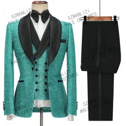 Męskie Garnitury Blazers Costume Homme Shinny Turkusowe Formalne Mężczyźni Dramy Groom Sparkles Slim Fit 3-częściowy garnitur Party obiad Dress Wedding Tuxedo