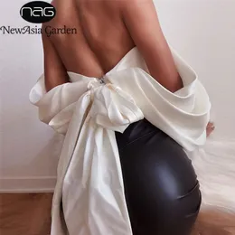 Newasia Garden Off Phoulse Blouse Женщины глянцевая глубокая v Neck без спинка белые топы моды Big Bod Sexy Blusas повседневная новая LJ200812