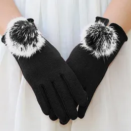 Five Fingers Gloves Women Winter Warm Plush Thick Outdoor Cold Proof Suede Screen Full Finger Thermal Snow Windbreak Anti-skid MittensFive