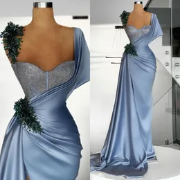 Dusty Blue Glitter Corset Crystal Mermaid Prom Dresses Zroszony Afryki Sexy Satin Sweep Pociąg Kobiety Formalne Suknie Wieczorowe