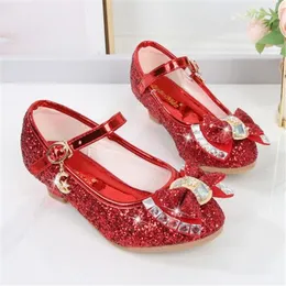 New Arrival Kids Shoes Sandals Sequin Girls High Heel Shoes Round Head Soft Bottom Bow Children Princess Shows Crystal Leather Shoe
