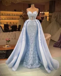 Sky Blue Mermaid Prom Dress 3d Floral Applicies Axless Beads Evening Dresses Birthday Party Special Endast GOWNS279U