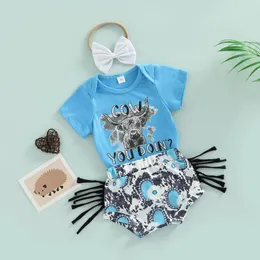 Summer Infant Baby Girls Set Kids Letters Deer Print Short Sleeve rompers Tassels Shorts Headband 3pcs Set Children Outfits