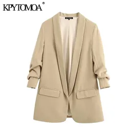 kpytomoa women 2020ファッションオフィスウェアベーシックブレザーコートビンテージロールアップスリーブポケット女性アウターウェアシックトップスLJ200911
