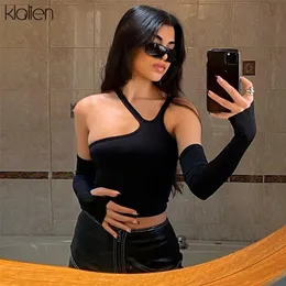 Klalien Fashion Casual Slim Solid Black Lovebable Sleeves Halter T Shirt For Women Autumn Streetwear Wild Basic Female Top 220505