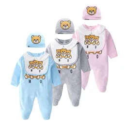 신생아 아기 rompers onesies 2pcs 모자 면화 곰 인쇄 jumpsuit 원피스 onesies jumpsuits 유아 유아 키즈 디자이너 옷 세트