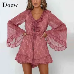 Kobiety Chic Summer Szyfon Bodysuit Ruffled Floral Print Boho Party Romper Scossuit Flare Long Sleeve Playsit 210515