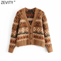 Zevity New Women Vintage V Neck Geometric Stampa geometrica Casualmente maglione corto maglione Femme Chic Cardigans Retro Coat Tops S552 210204