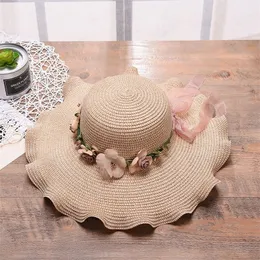 Summer Womens Straw Sun Hat Lace Bowknot Big Flower Wave Brim Bucket Hats Outdoor Female Lady Beach Caps 220627