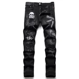 Autumn Punk Men's Black Ripped Jeans Embroidered Skull Letter Denim Pants Mid Waist Straight Trousers Street Clothing Pantalones