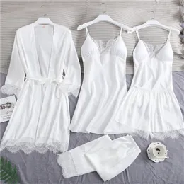 Sexig Full Slip Lace Vit Silk Pyjamas Set Kvinnor 5st Cemise Bride Bröllop Robe Nightgown Sleepwear Kimono Bathrock Lingerie W220328
