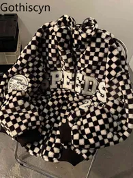 ゴシスシー男性のジャケットヒップホップブラックチェック柄ラムウールストリートウェアアウターコート冬Sカジュアルゴシックパンク男性コート