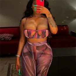 Kliou Mesh Printing Two Piece Set Women Sexy Cut Out Cleavage CamisoleMid Waist Color Blocking Pants High Streetwear Lady Suits 220704