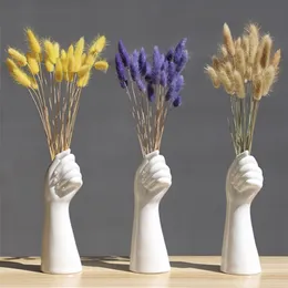 1pcs Ceramic White Hand Vase Nordic Style Home Office Decor Creative Plant Flower Vase Floral Composition Living Room Ornaments 220423