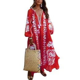 Kobiety vintage boho w stylu plus rozmiar głębokiego v szyja Lantern Long Rękaw etniczny kwiatowy nadruk luźna długa sukienka L220705