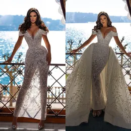 Chic Two Pieces Wedding Dresses 2022 Elegant Lace Sequined Bridal Gowns with Detachable Train Customise Vintage Robe De Soirée