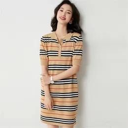 Female Summer New Cotton Dress Women Lapel Polo Collar Long Loose Pullover Sweater Short Sleeve Stripe Bottoming Classic Dress