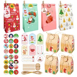 ICROFT 24Sets Christmas Advent Kalendarz Piernikowy Pudełko Domowe Papier Kraft Paper Torba Wakacje Powyższe Prezent Opakowania dla dzieci 220420