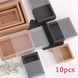 10st Kraft Paper Packing Box med transparent PVC Window Black Delicate Drawer Display Present Wedding Cookie Candy Cake 220427