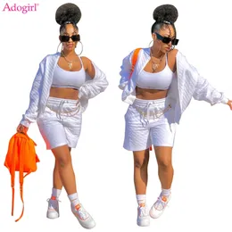 Adogirl Mercerized Cotton Solid Tracksuit Women Casual Active Two Piece Set Zipper Long Sleeve Jacket Top Pockets Shorts Suit 220602