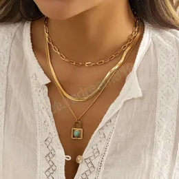 Boho turkos hänglås hänge halsband kvinnors multilager vintage guld orm kedja clavicle halsband tjejer mode smycken