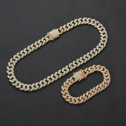 European American 12mm Hip-Hop Full Diamond Cuban Chains Halsband Armband Set Mens Rap Rope Choker Alloy Armband Smycken Tillbehör