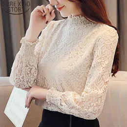 Autumn Long Sleeve Blue Lace Women Topps Fashion Hollow Out Floral Full Blouses Regular Office Lady 5810 50 210510
