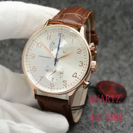 New Watch Rose Golden Case Chronograph Sports Battery Power Limited Watch Silver Dial Quartz Professional Wristwatch Folding clasp Men Watches Leather Strap