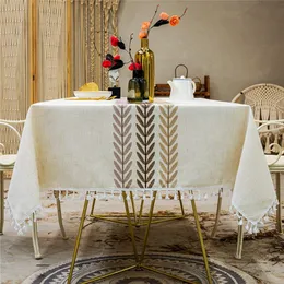 Rustic Farmhouse Linen Tablecloths Embroidered Leaf Table Cover with Tassel Wrinkle Free Dining Room Decoration 1XBJK2205