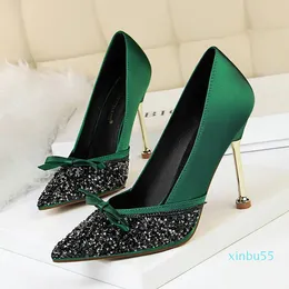 Dress Shoes Women 10cm High Heels Lady Fetish Sequins Scarpins Satin Bowknot Pumps Female Green Party Burgundy Glitter