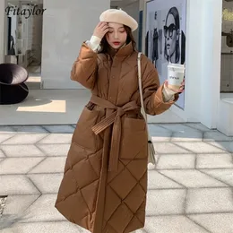 Fitaylor Winter Women Parka Windproof Stand Collar White Duck Down Long Coat Thick Warm Black Single Breasted Snow Outwear 201210