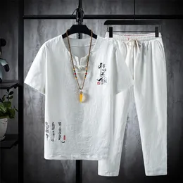 到着メンズコットンとリネン半袖Tshirtankle Length Pant Set Solid ShirtTrousers Home Suits Male M5XL TZ015 220606