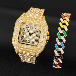 2PCs/Set Watch Bracelet Combo Iced Out Link Cuban Link Miami Chain Bracelet Micro pavimentado cistos de jóias de luxo para homens