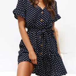 Women Summer Beach Chiffon Dress Casual Short Sleeve Polka Dot Boho Mini Party Elegant V Neck sundress Vestidos 220629