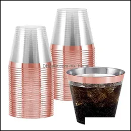 Rose Gold Plastic Cups ~ 9 Oz Clear Old Fashioned Bumblers Rimmed Fancy Jednorazowe Ślub Birthday Cup Dostawa Dostawa 2021 Sts Kitchen Sup